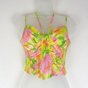 Asos Floral Ruched Corset Crop Top Halter Tie Pink Green Summer Resort Size 4